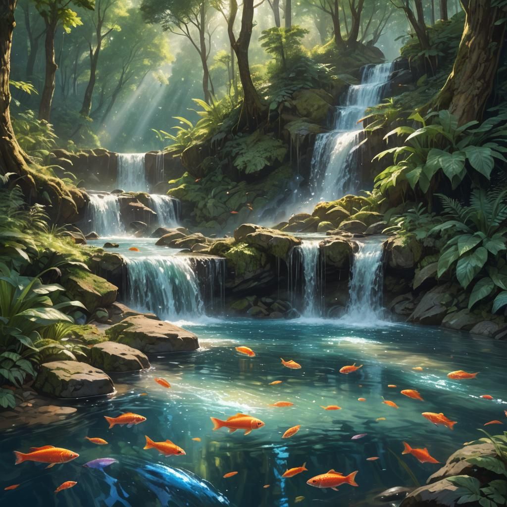 Hyperrealistic Waterfall Scene with Shimmering Fish
