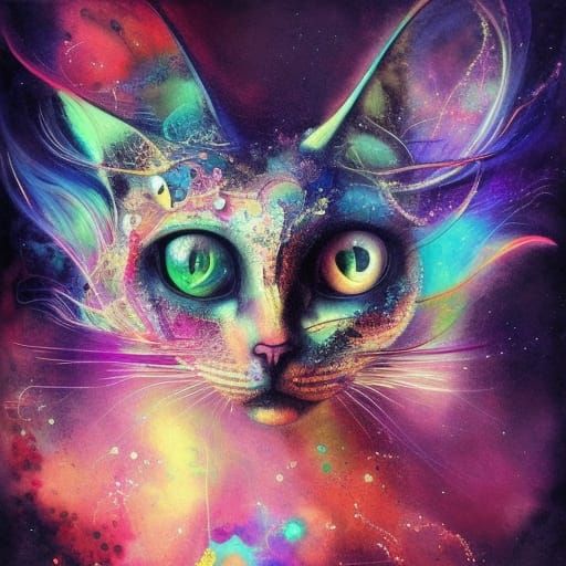 Celestial Cat Painting in Mixed Media Style