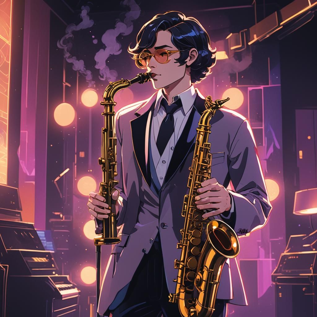 Anime Jazz Musician in Neon Lit Club