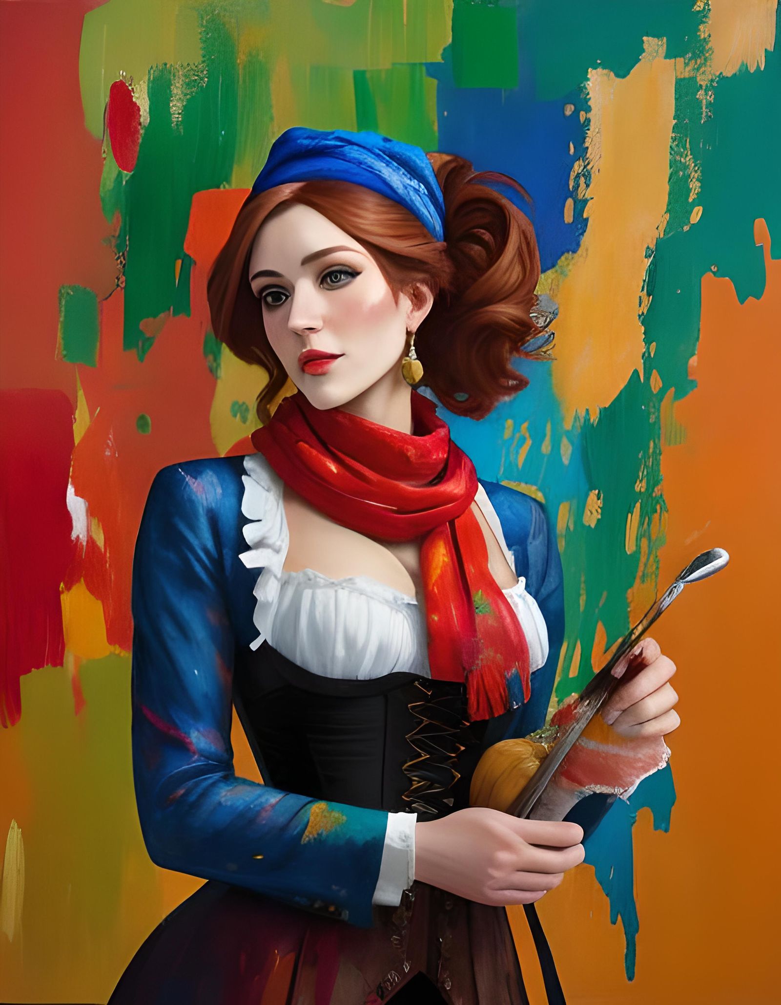 Vintage Woman in Red Headscarf: Impasto Painting