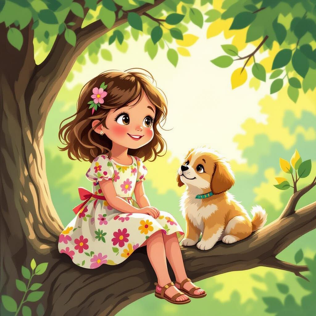 Whimsical Girl and Puppy in Tree
