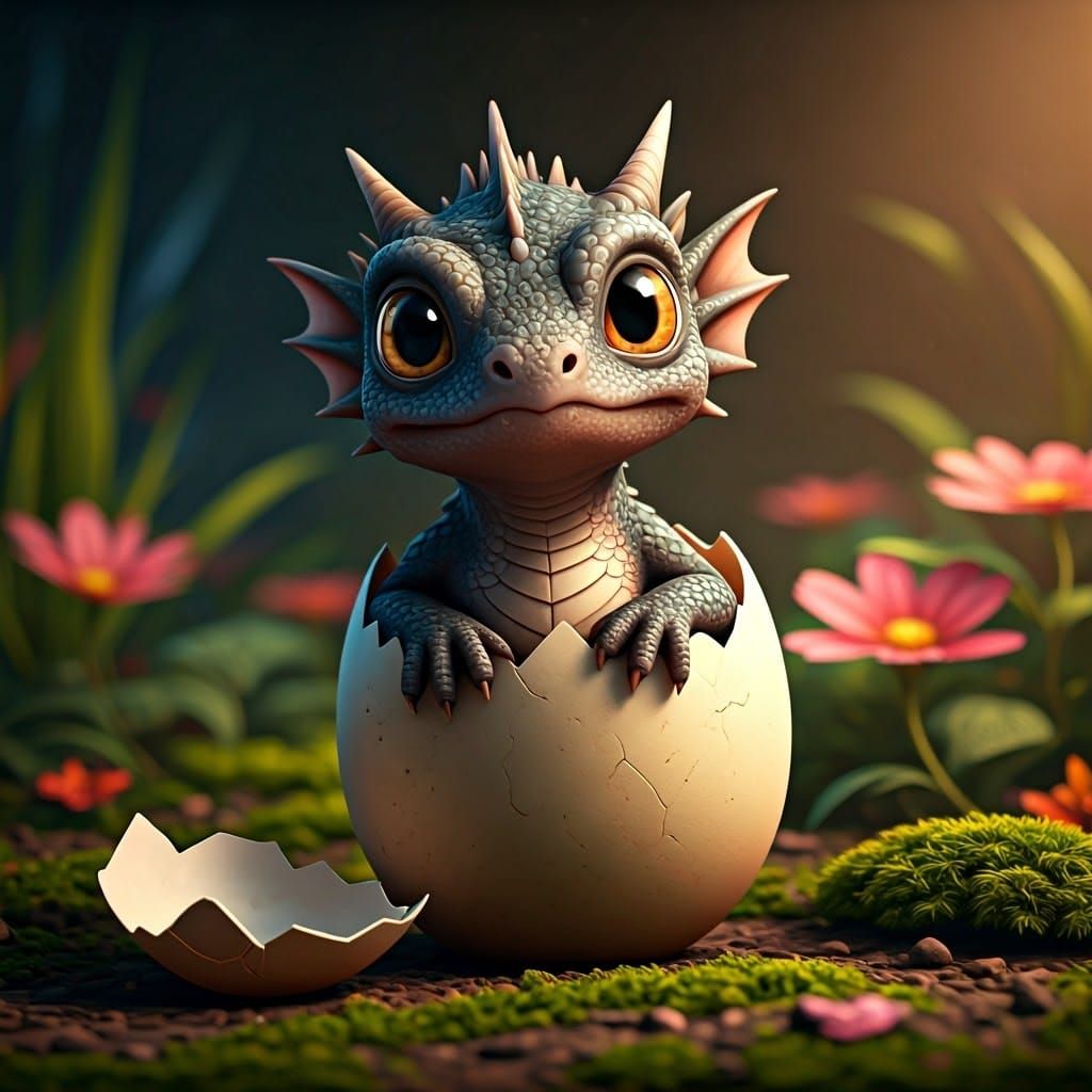 Adorable Baby Dragon Emerges in Lush Garden