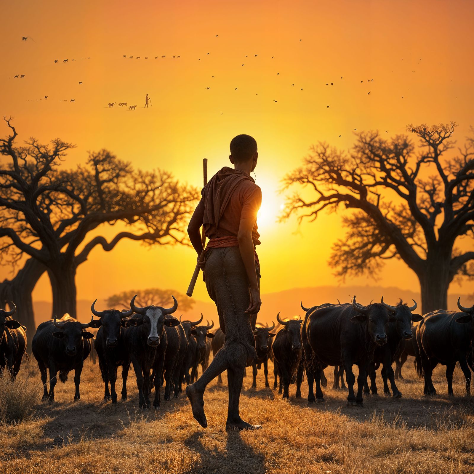 African Herd Boy in Golden Afternoon Light