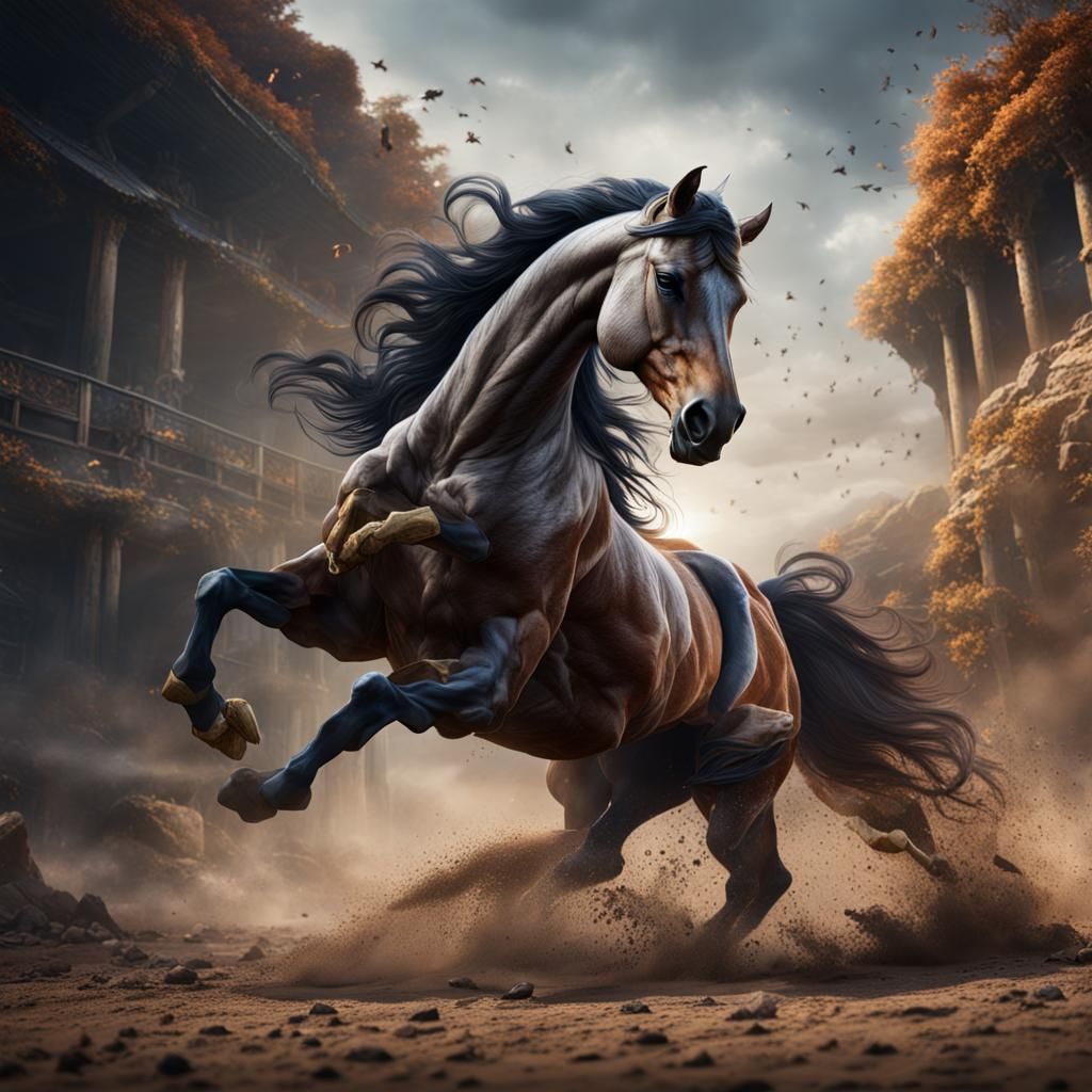 Majestic Horse Rearing Up in a Fight