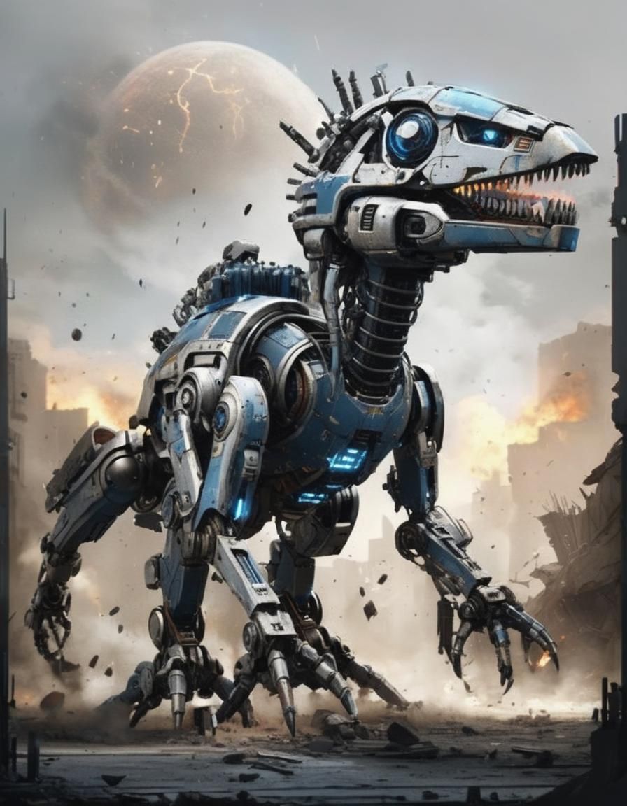 Futuristic Battle Droid in Sci-Fi City Ruins