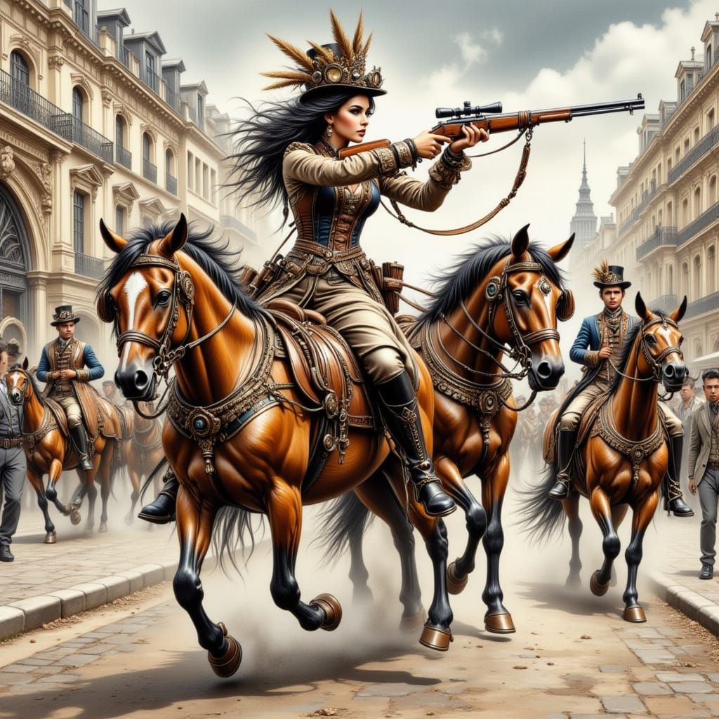 Steampunk Woman Aims Musket in Chaotic 19th Century Paris