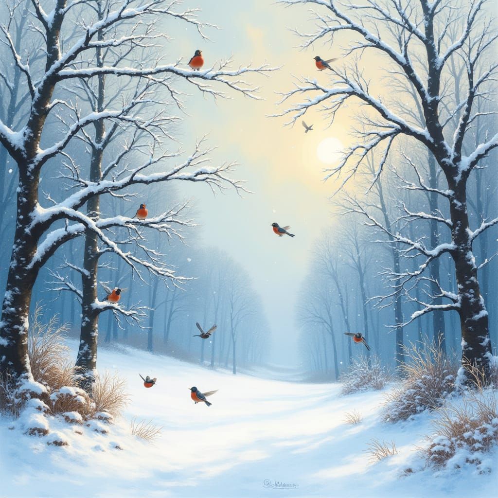 Serene Winter Wonderland Scene in Whimsical Realism
