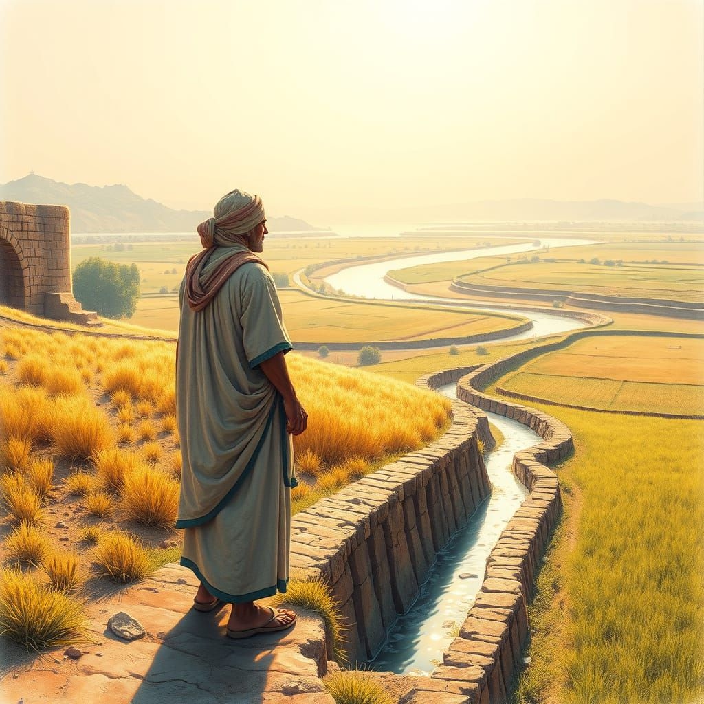 Ancient Sumerian Farmer Amidst Thriving Farmfields, Inspired...