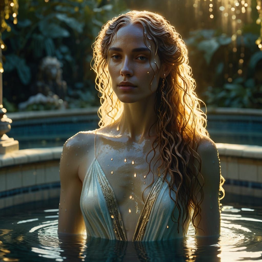 Pale Goddess Bathes in Tranquil Pool Under Golden Hour Light