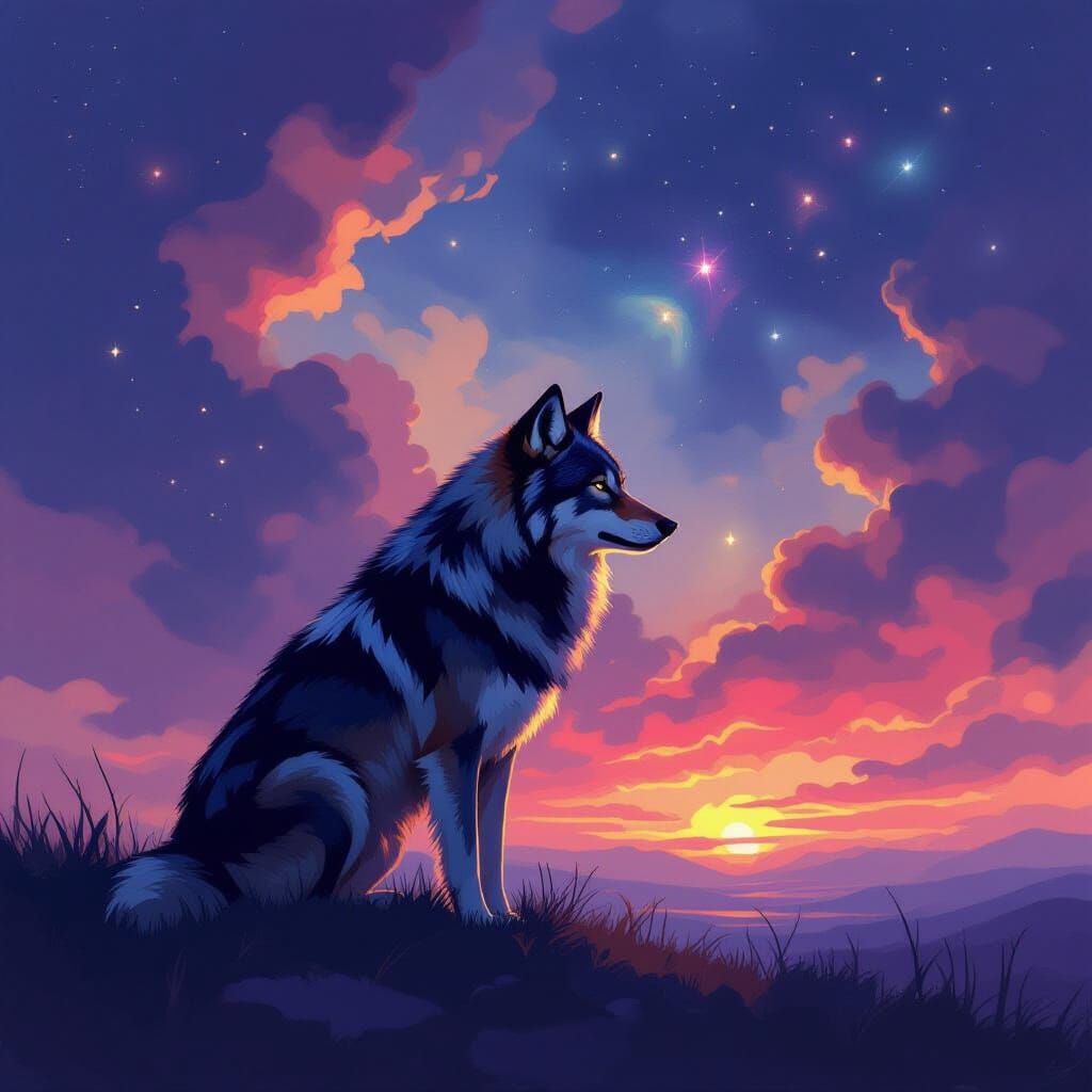 Lone Wolf Against Twilight Sky in Impressionistic Style