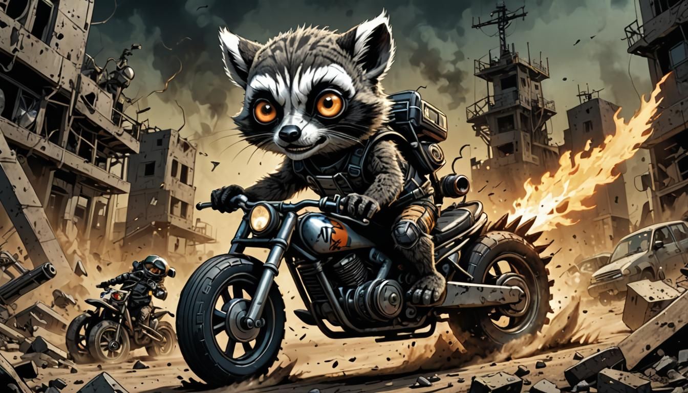 Chibi Lemur Races Bicycle Tank in Apocalyptic Wasteland