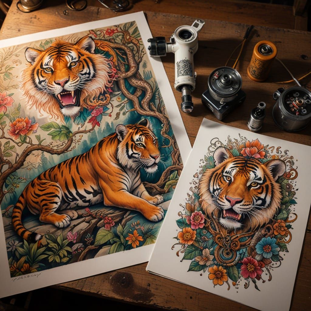 Thai Feline Tattoo Sketches in Impressionist Style