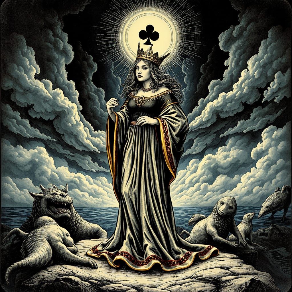 Queen of Clubs Rummy Card, engraved fantasy art by Malika Fa...