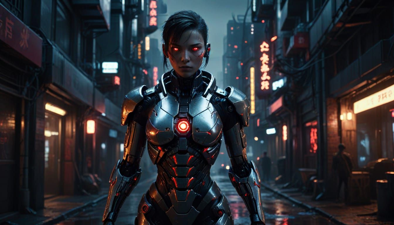 Female Cyborg in Dark Cyberpunk Cityscape
