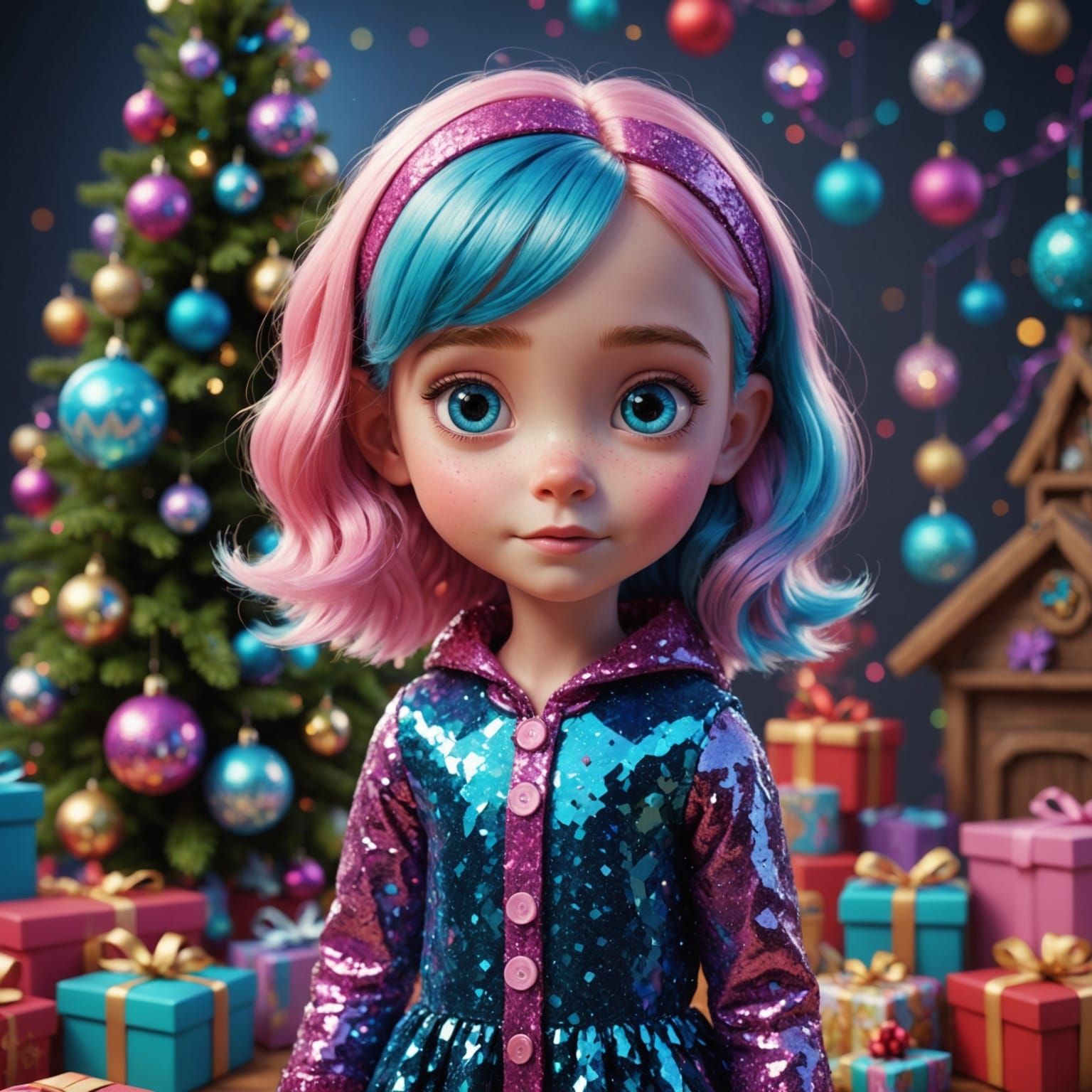 Vibrant 3D Christmas Scene in Disney Psychedelic Style