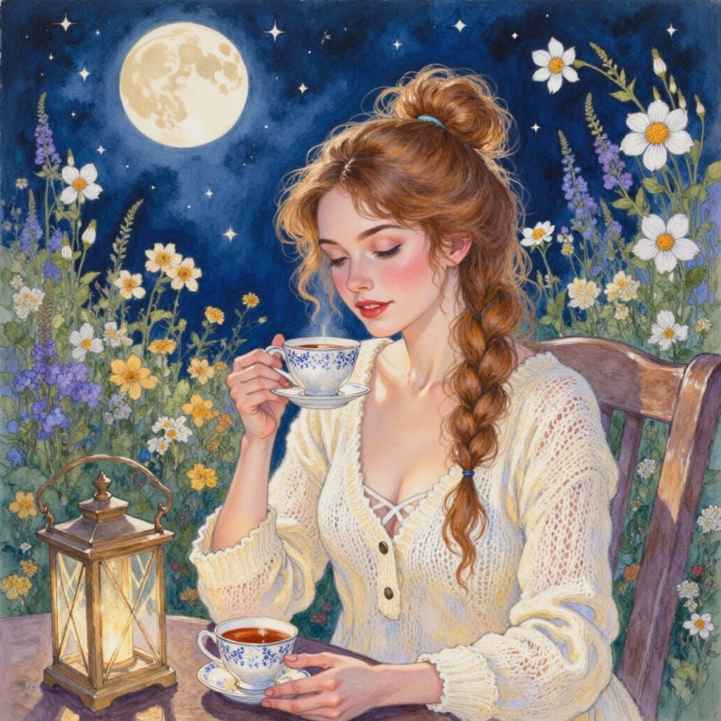 Woman Drinking Tea in Moonlit Garden Watercolor Painting