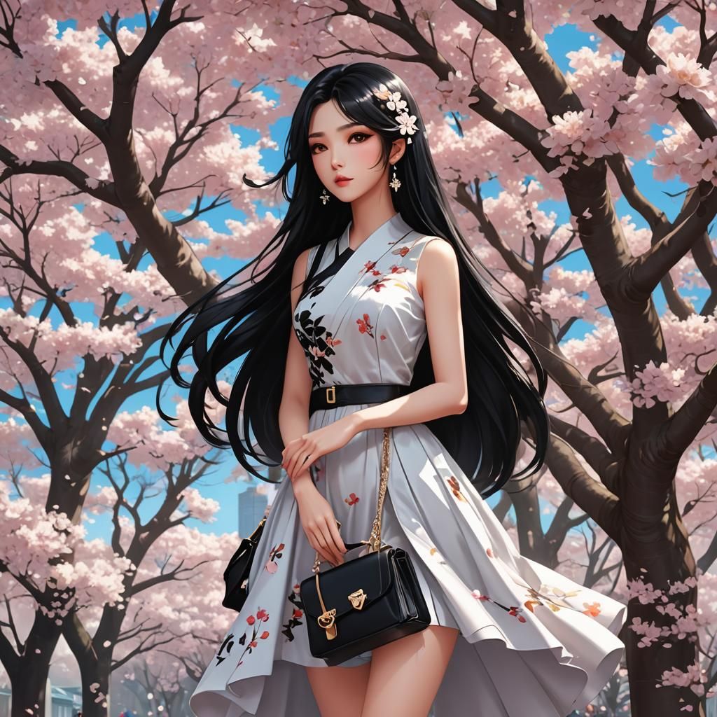 Anime Girl with Cherry Blossoms in 3D Art Style