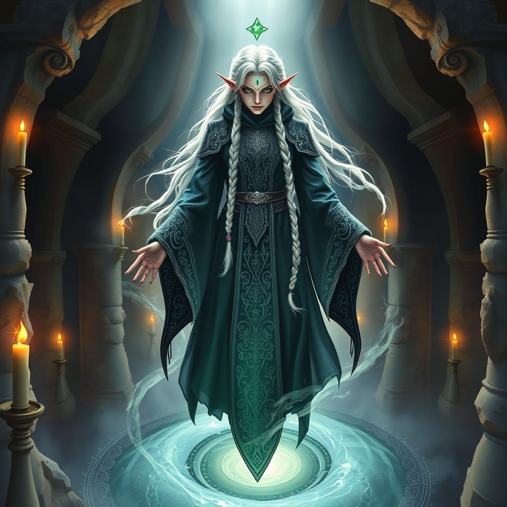 Elven Sorceress Levitation in Watercolor Style