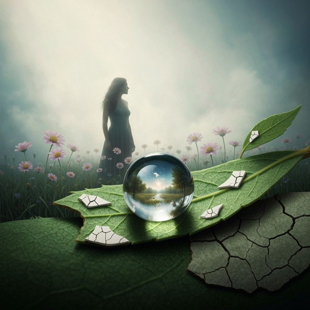 Woman in Misty Wildflower Field with Cracked Ceramic Accents