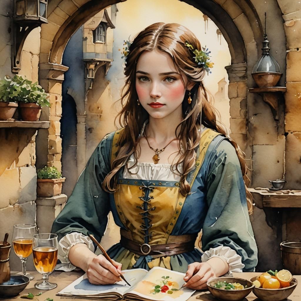 Medieval Barmaid in Watercolor Painting Style