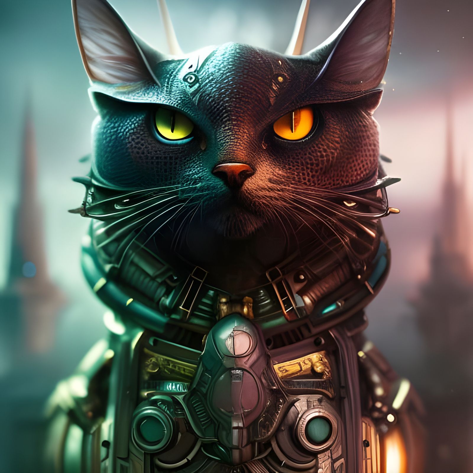 Armored Steampunk Cat Portrait in Fantasycore Style
