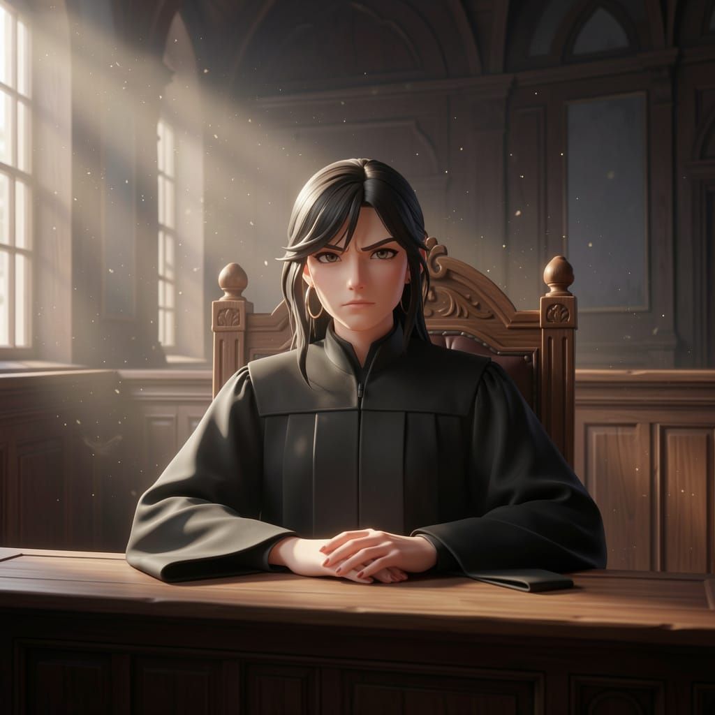 Stern Judge in Dimly Lit Anime Courtroom