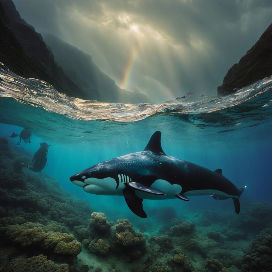 Sleek Orca Chases Rainbow Fish Underwater in Cinematic Scene