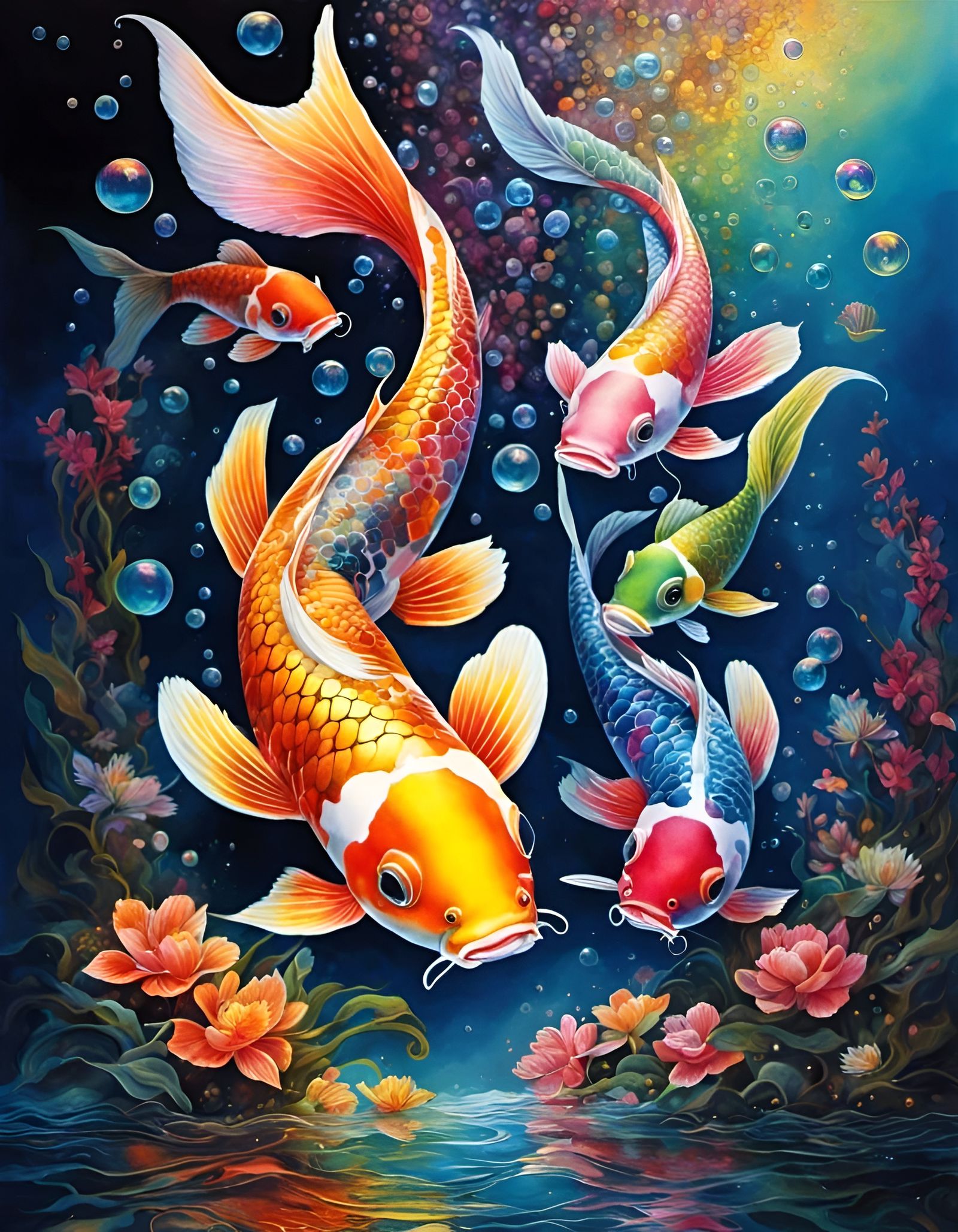 Rainbow Koi Fish in Dark Water Digital Art