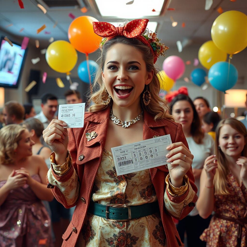 Ecstatic Lottery Winner in a Fortunate Outfit