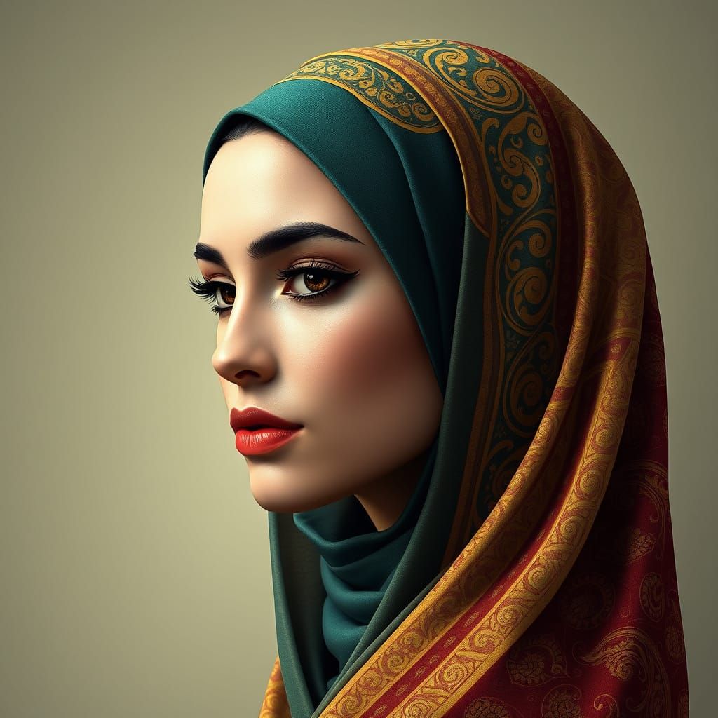 Serene Hijabi Goddess in Opulent Arabic Calligraphy Style