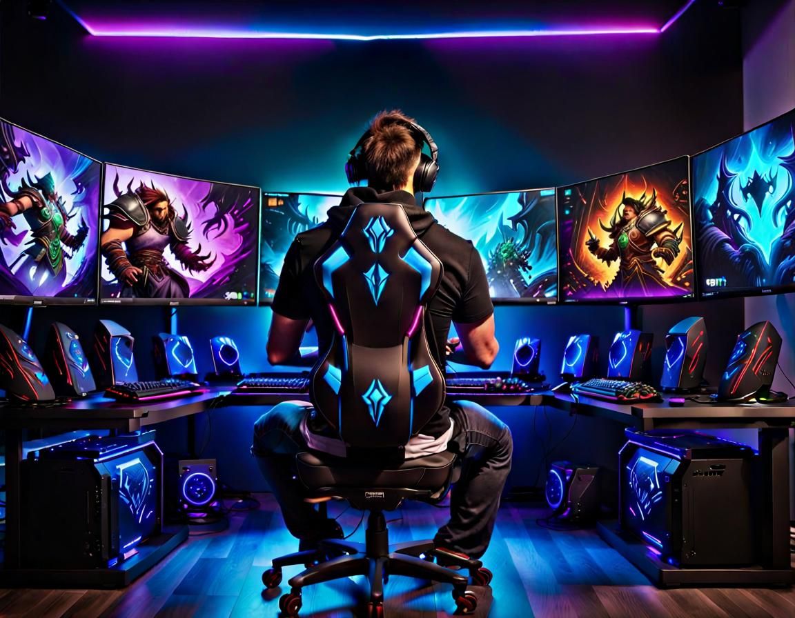 Intense Gamer in RGB Lit Gaming Setup