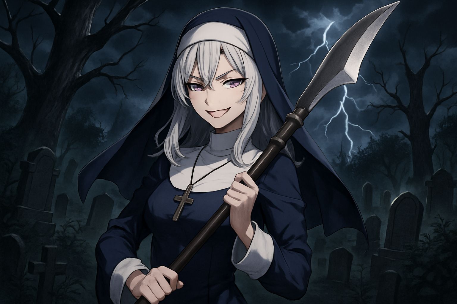 Anime Nun Vigil in Graveyard at Night
