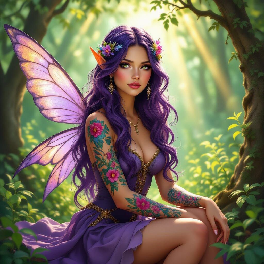 Ethereal Fairy with Purple Hair and Tattoos in Sunlit Forest
