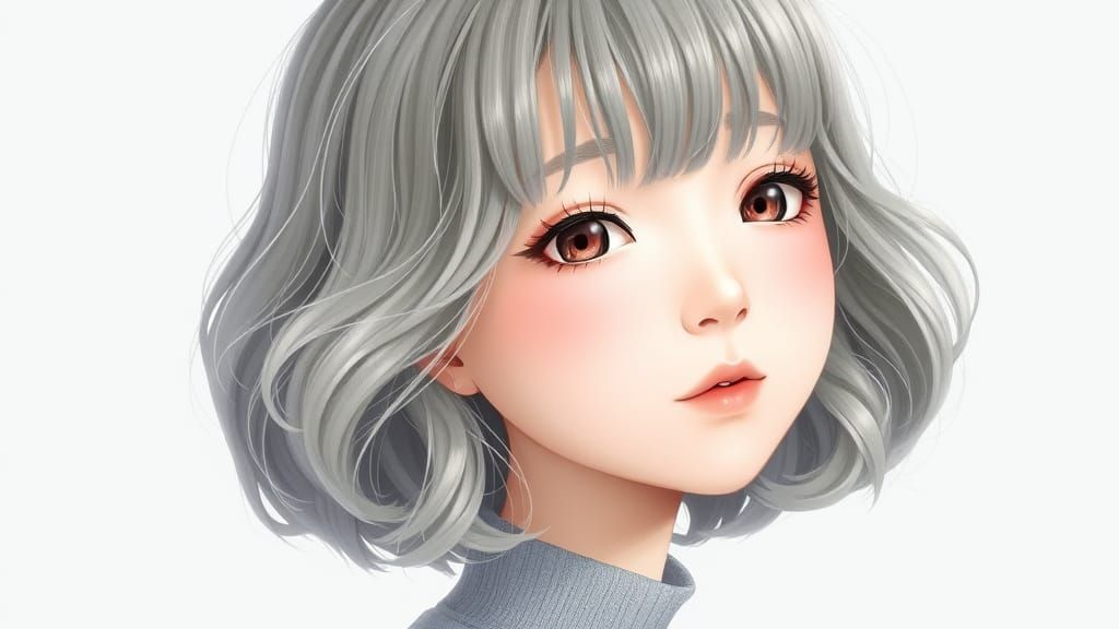 Cute Japanese Girl Hato in Gray with Curly Hair