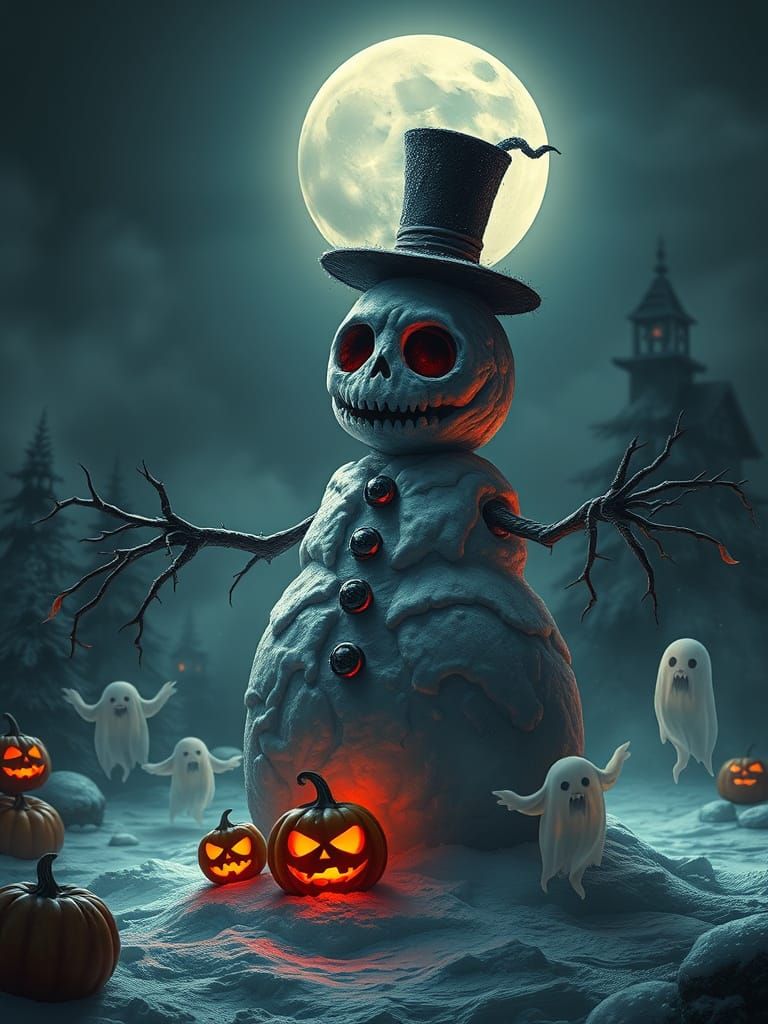 Ghoulish Skeletal Snowman in Spooky Halloween Christmas Scen...