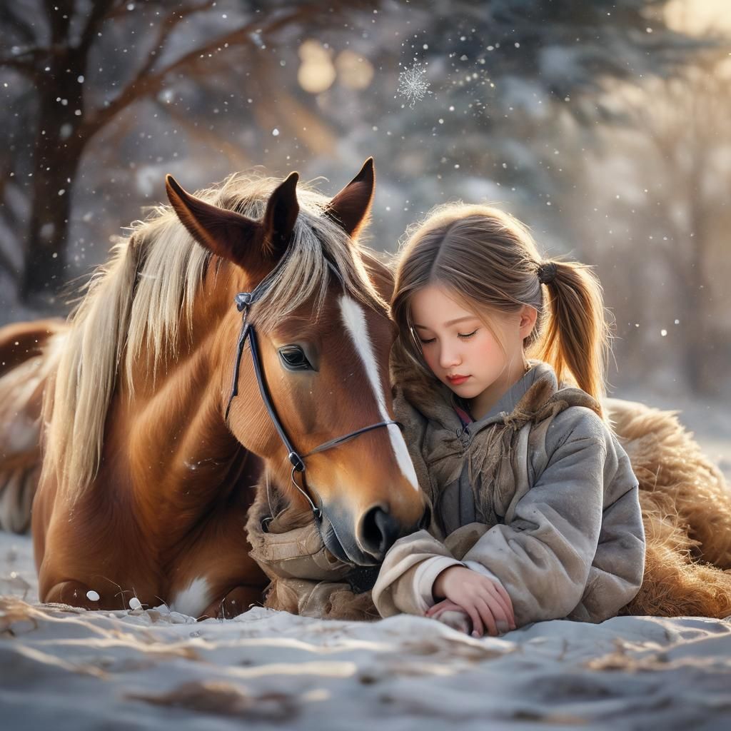 Girl Snuggles Horse in Winter Watercolor Scene