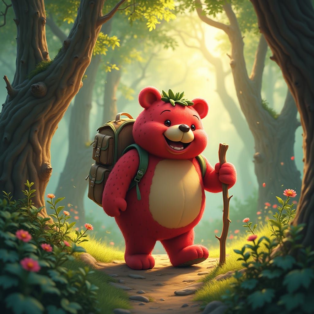Happy Strawberry Teddy Bear Walks in Enchanted Forest