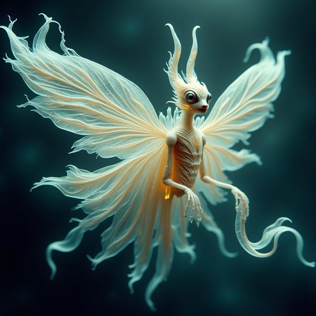Glowing, Iridescent Winged Creature in a Dreamlike Atmospher...