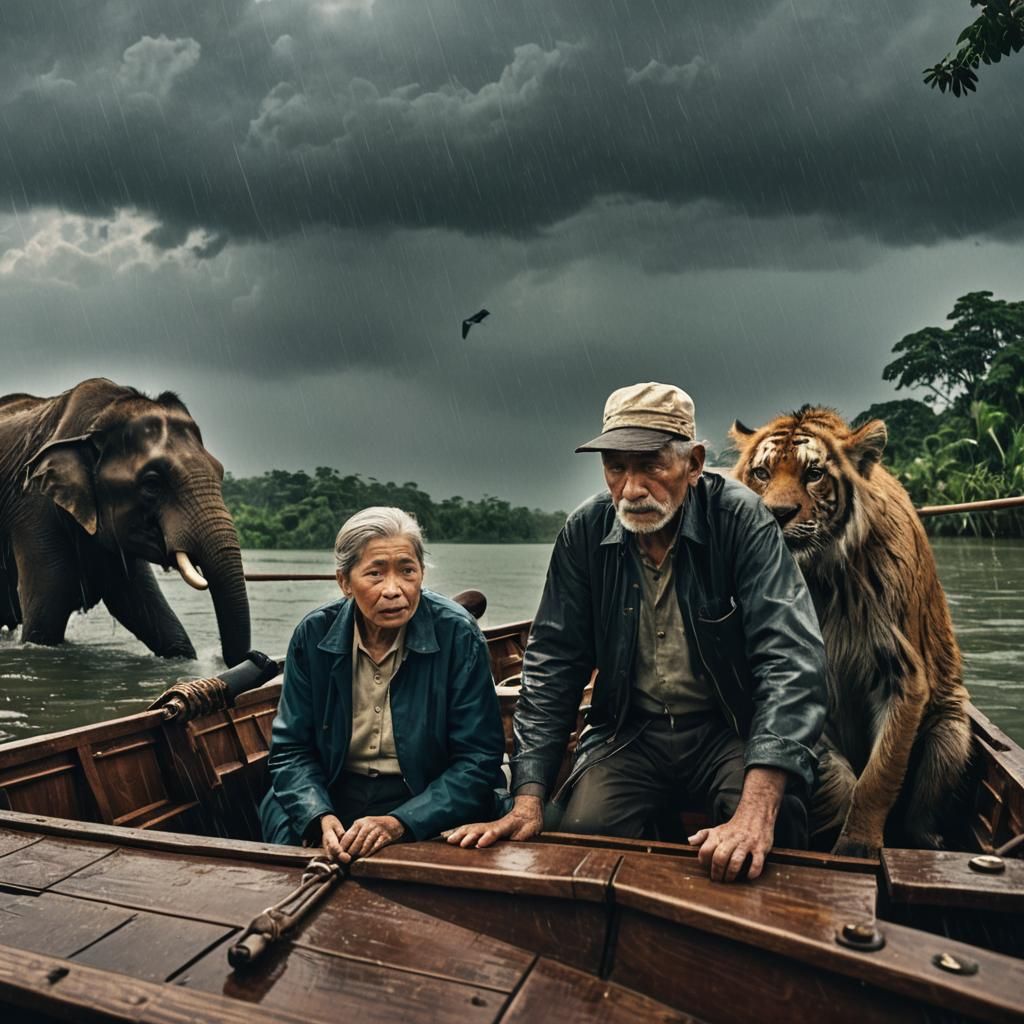 Cinematic Ark: Old Couple and Animals on a Boat