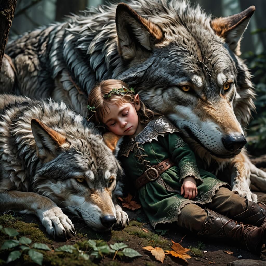 Female Elf Child Slept Safely with a Majestic Grey Wolf