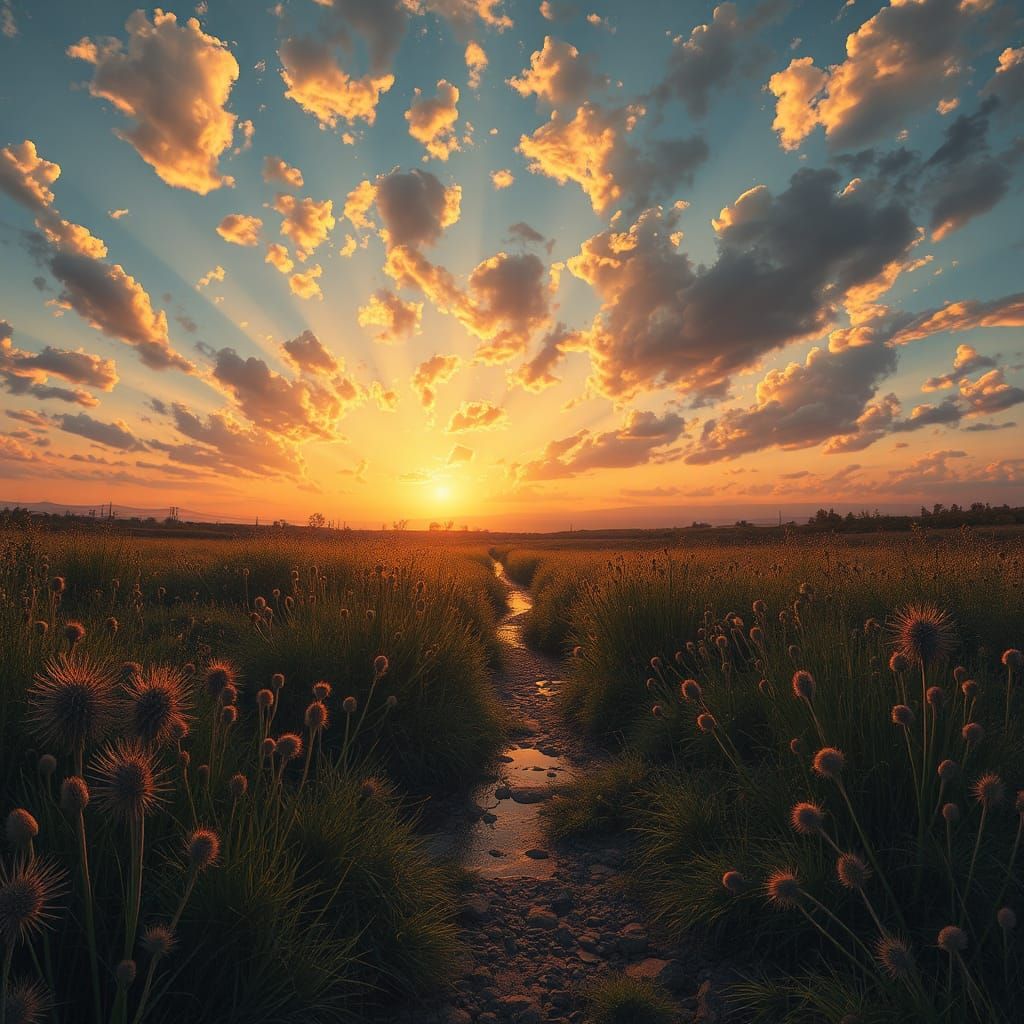 Astral Sunset Clouds Over Riverbank Path