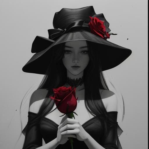 Woman with Rose in Rainy City: Charcoal Drawing