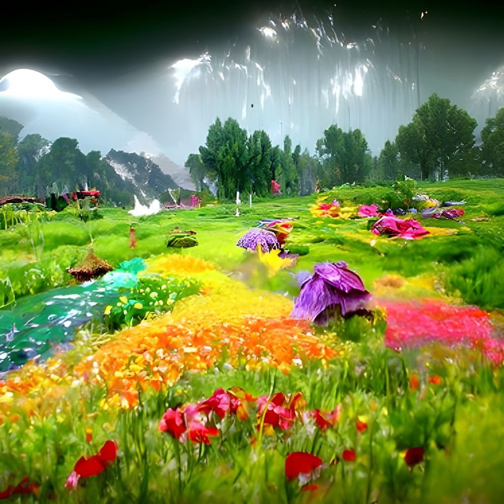 Rain-Kissed Fantasy Flower Field in Hyperrealistic Style