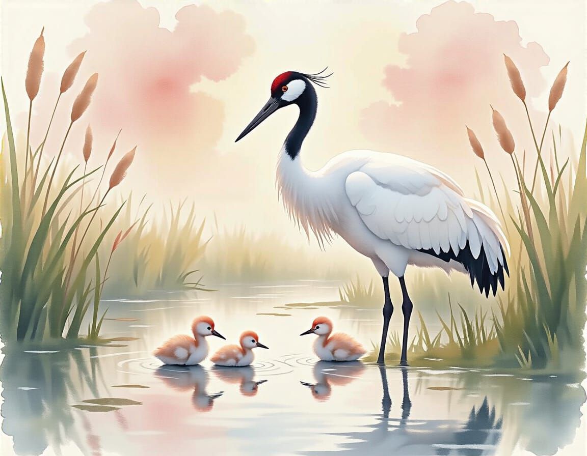 Whooping Crane Family in Marsh: Watercolor Art