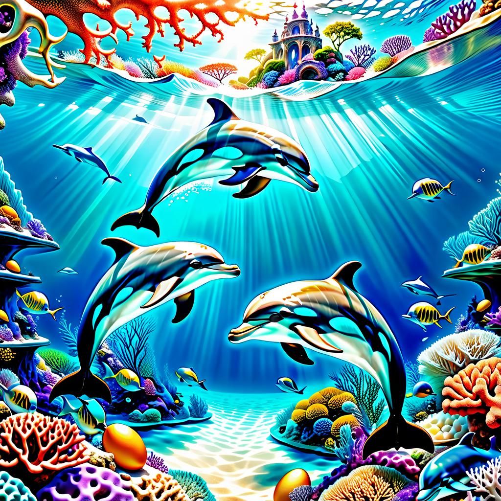 Dolphins' Acrobatic Display in Surreal Coral Reef