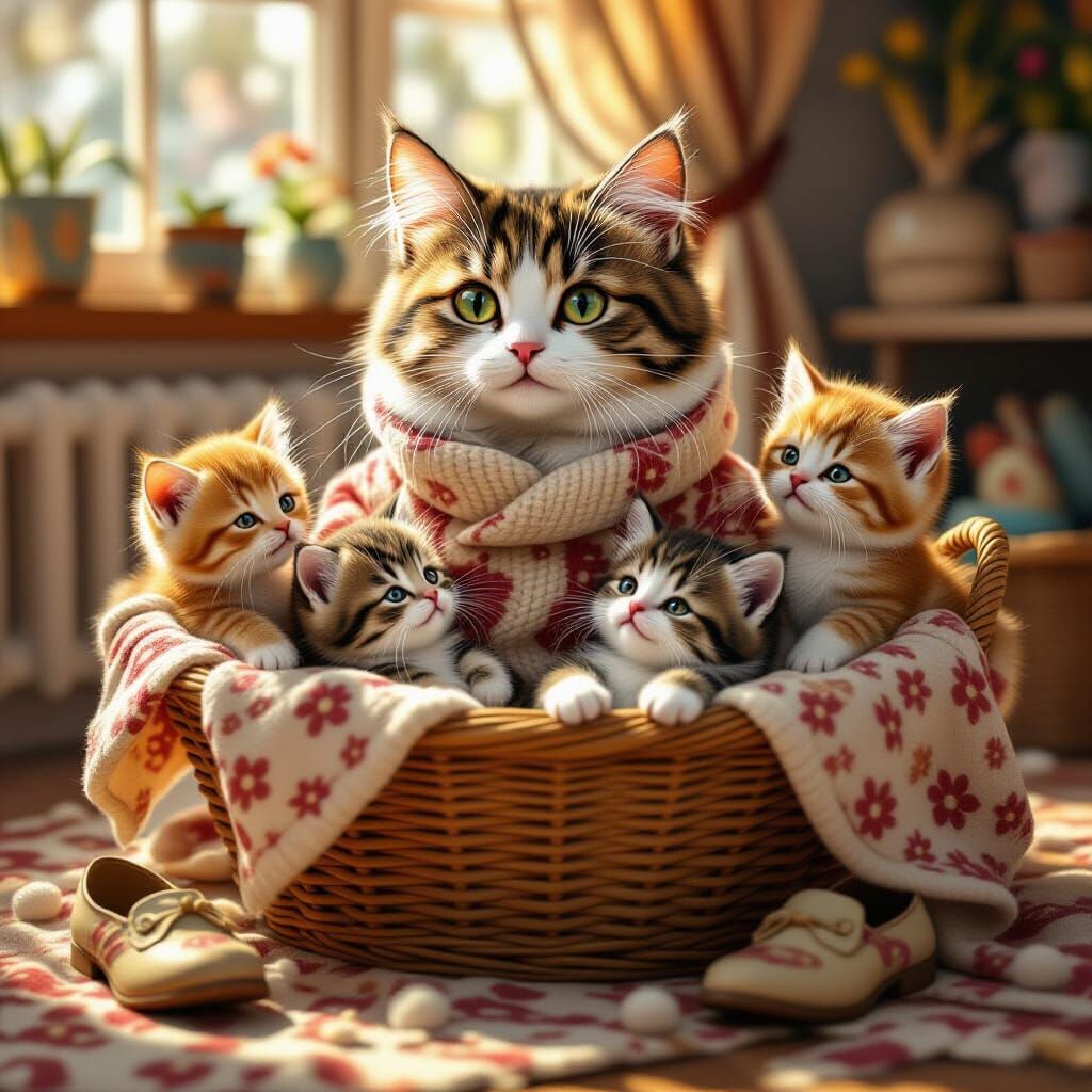 Cozy Mother Cat with Kittens in Fantasy Realism
