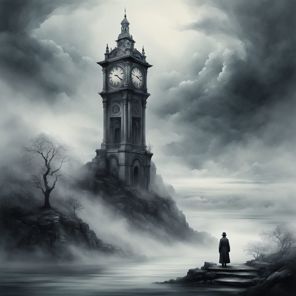 Ornate Clock Tower Emerges from Swirling Clouds in Dreamlike...