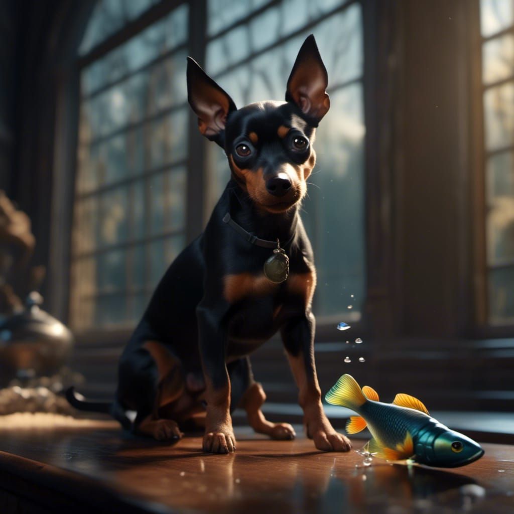 Miniature Pinscher with Toy Fish, Detailed Matte Painting