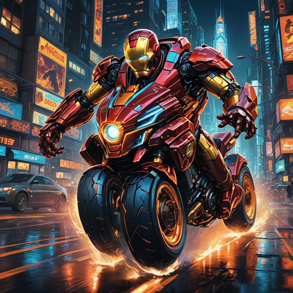 Futuristic Iron Man Car in Neon Cityscape