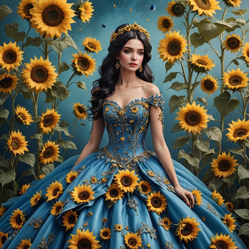 Girl in Fantasy Gown with Sunflowers